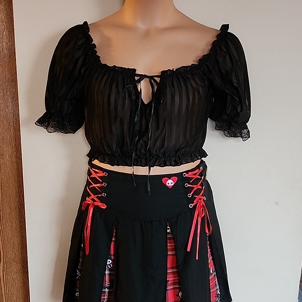 black sheer striped peasant crop top